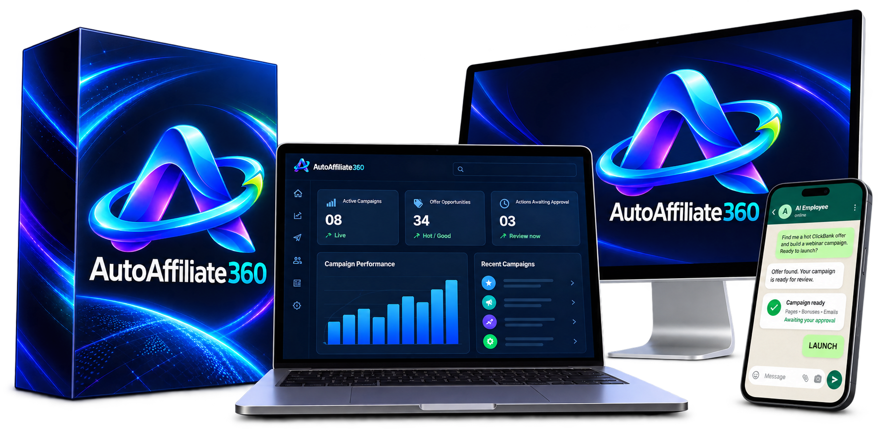 AutoAffiliate360 product box, campaign dashboard laptop, logo desktop monitor, and WhatsApp-style AI Employee phone chat