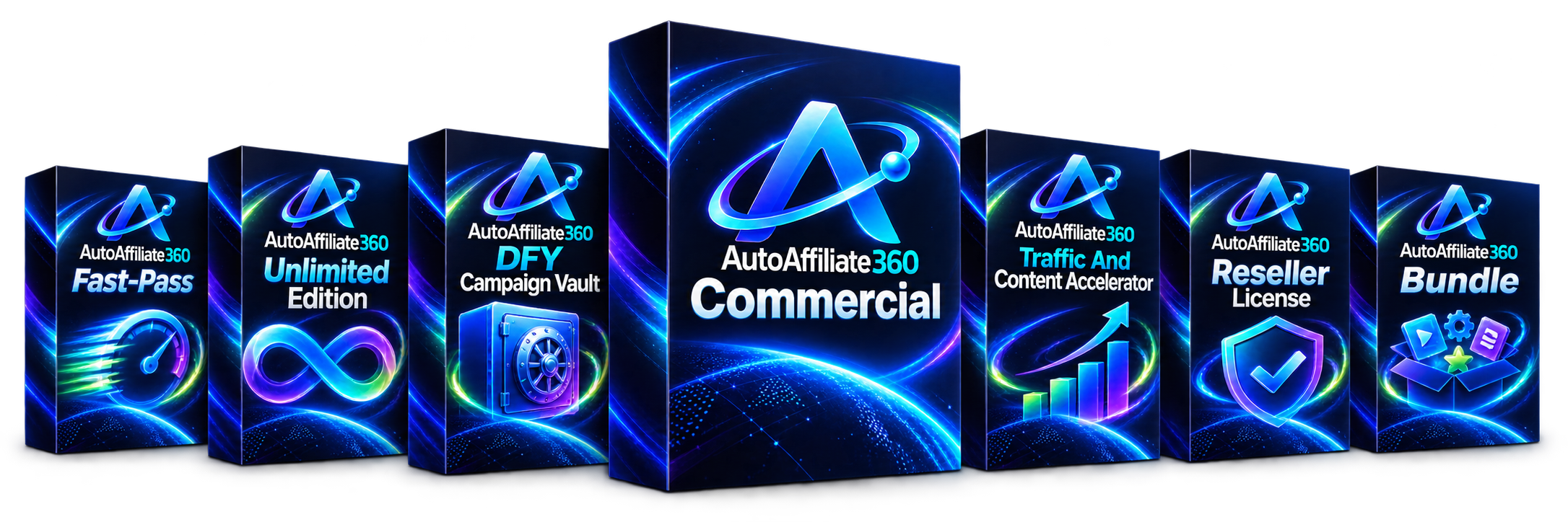Seven AutoAffiliate360 offers: Commercial in the center, with Fast-Pass, Unlimited Edition, DFY Campaign Vault, Traffic And Content Accelerator, Reseller License, and Bundle on either side