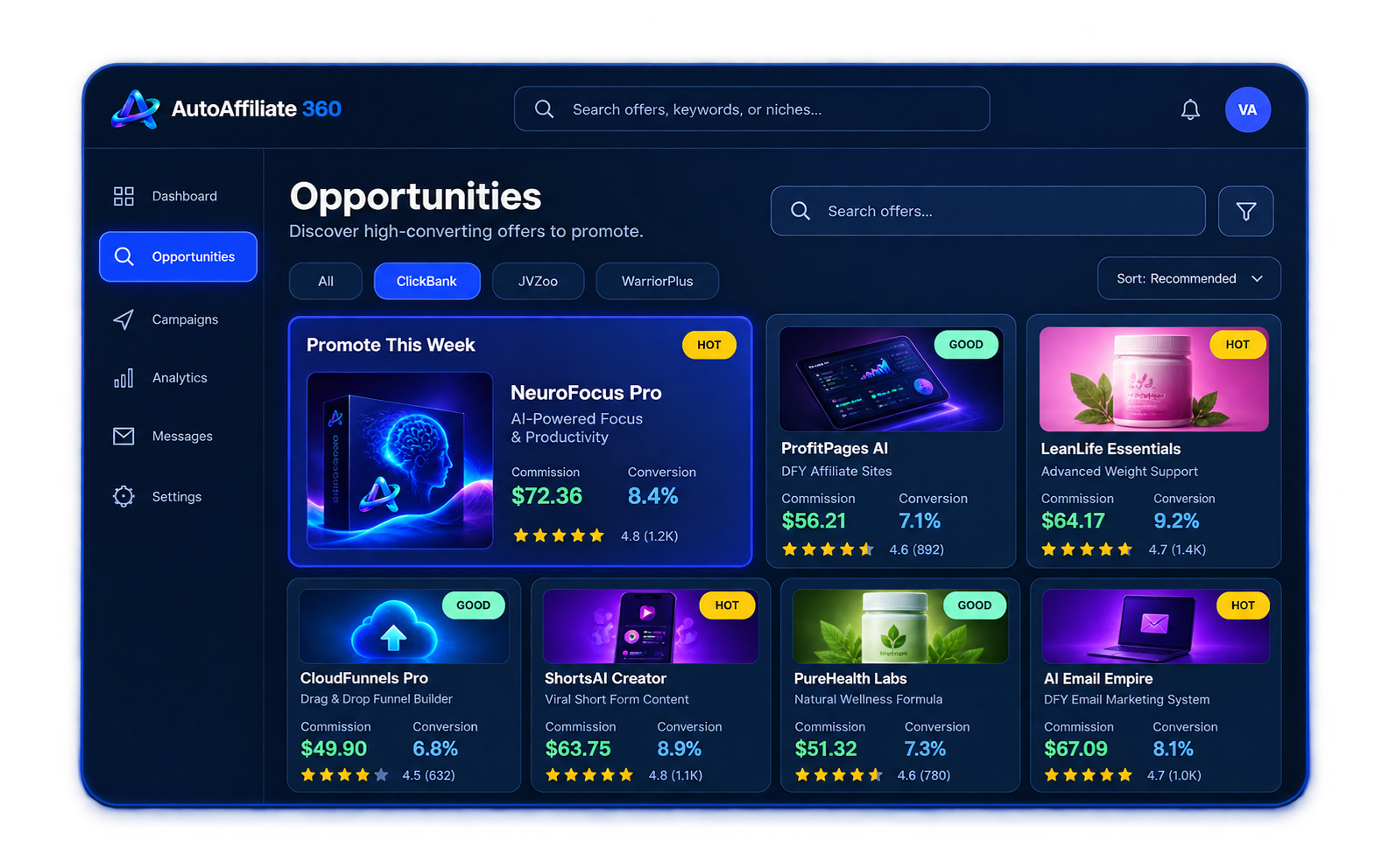 AutoAffiliate360 Opportunities screen with offer search and Hot and Good scores